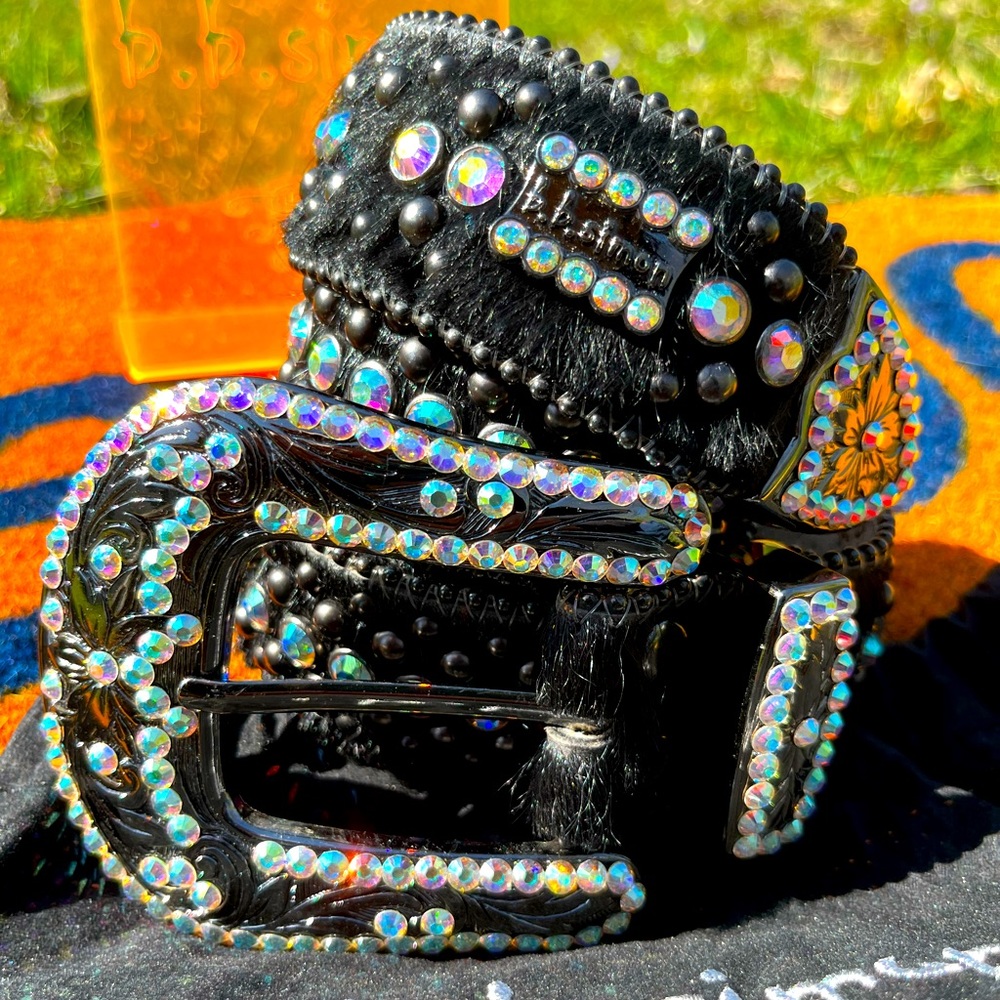 bb Simon Black Out Belt Size 38 w/ Swarovski Crystals